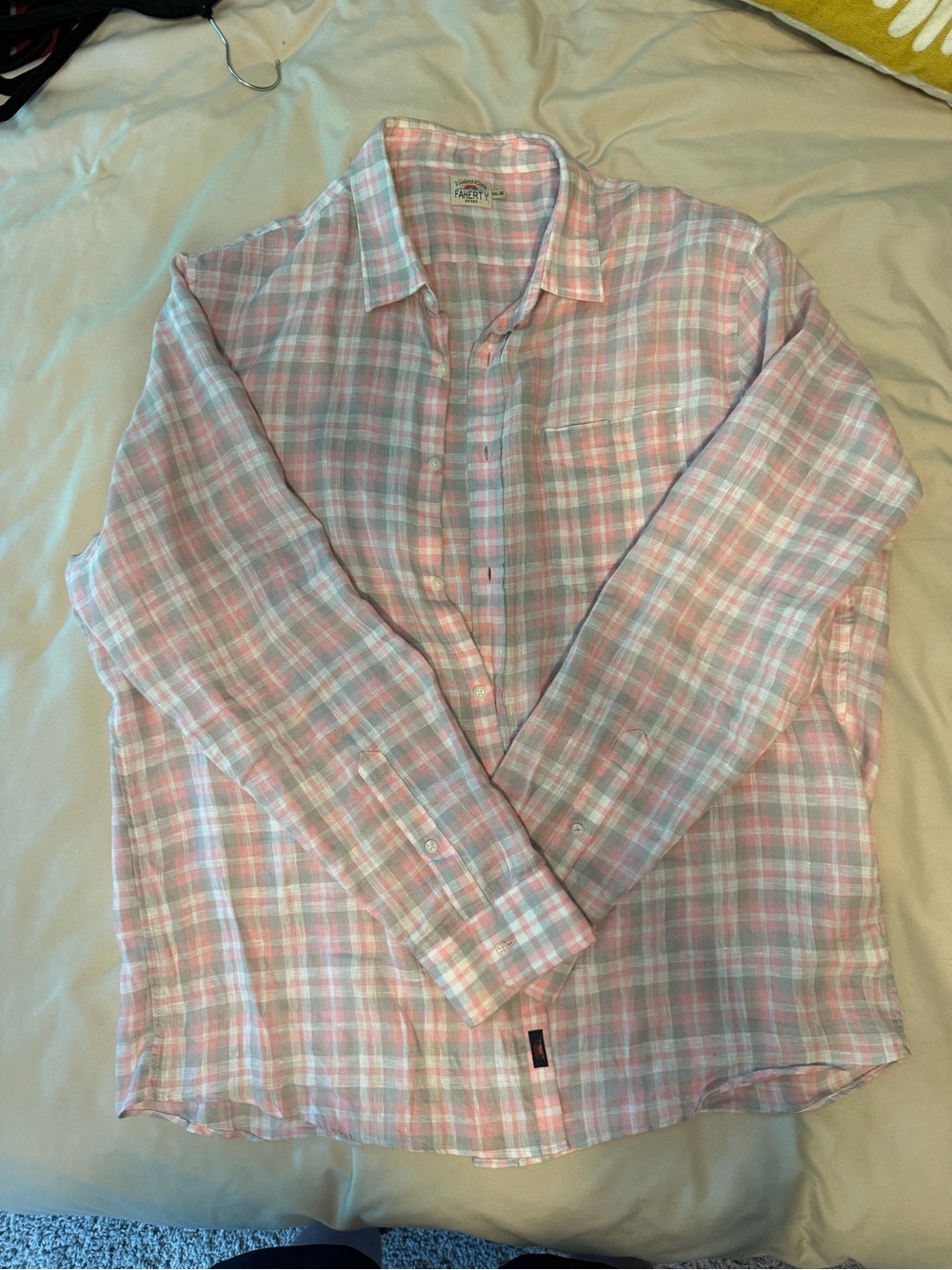 Faherty Pastel Pink and White Plaid Linen-Blend Button-Down Shirt